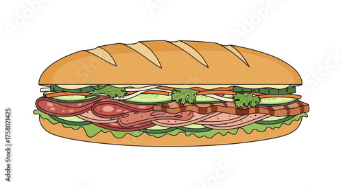 Vietnamese Banh Mi sandwich illustration with pork cucumber and fresh herbs in a baguette.