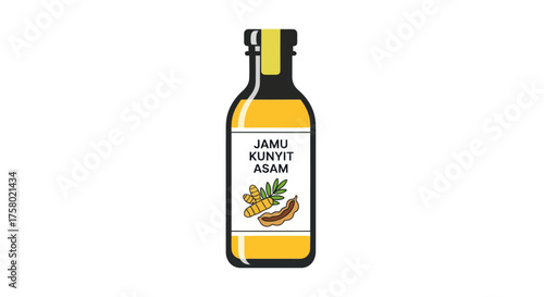 Traditional Jamu Kunyit Asam Herbal Drink in Glass Bottle.