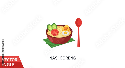 Nasi Goreng: Indonesian Fried Rice with Egg Vegetables and Red Spoon.