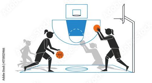 Two Female Basketball Players in Action Dribbling and Shooting.