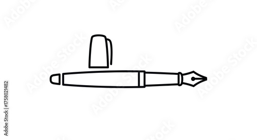 Simple Black Outline Drawing of Fountain Pen with Cap.