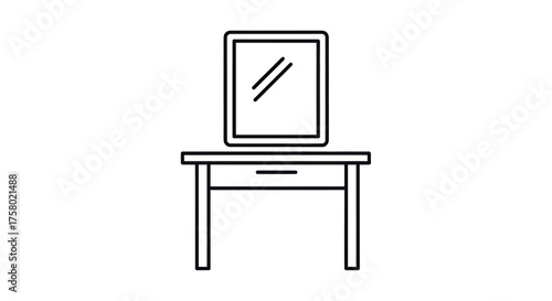 Simple Line Art Icon of a Wooden Dressing Table with a Square Mirror.