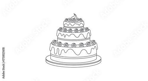 Elegant three-tiered wedding cake with decorative frosting and berries.