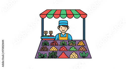 Colorful Cartoon Market Stall Vendor Selling Various Goods.