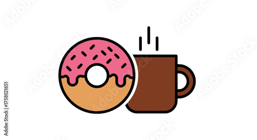 Colorful flat line icon of a pink glazed donut and a brown mug of hot coffee.