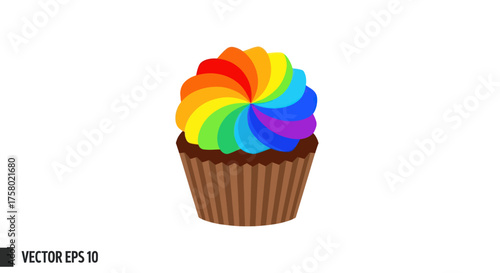 Vibrant Rainbow Swirl Frosting on Chocolate Cupcake.