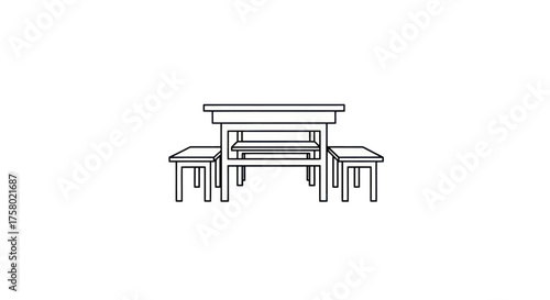 Simple Line Art Illustration of a Wooden Table with Two Benches.