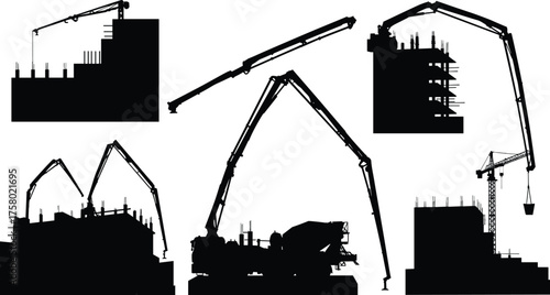  Construction machinery silhouettes vector, concrete pump trucks and cranes, building site operations, high-rise construction equipment, black isolated icons, editable stock illustration