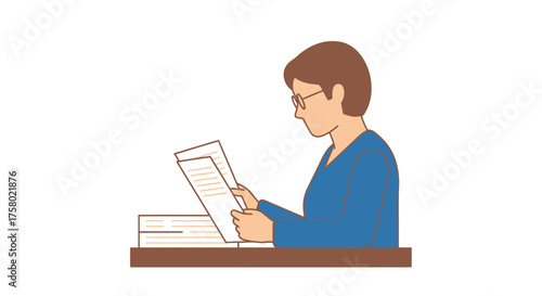 Person Reading Documents Wearing Glasses Focused on Papers.