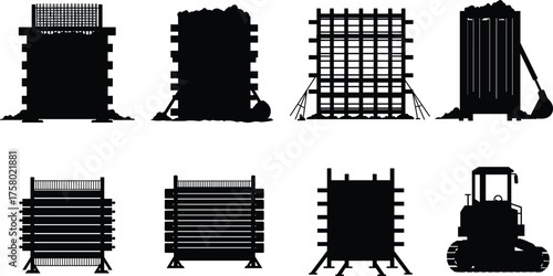  Construction formwork silhouettes, rebar stacks, heavy machinery, bulldozer, excavator, concrete structures, vector illustration, site preparation, industrial tools, stock content