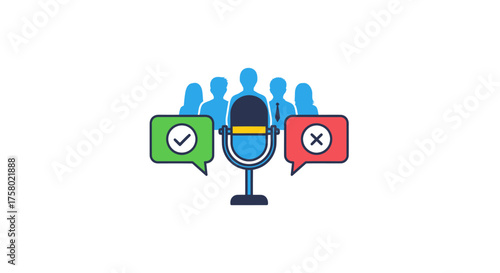 Microphone with Speech Bubbles and Silhouetted Figures Representing Opinion.