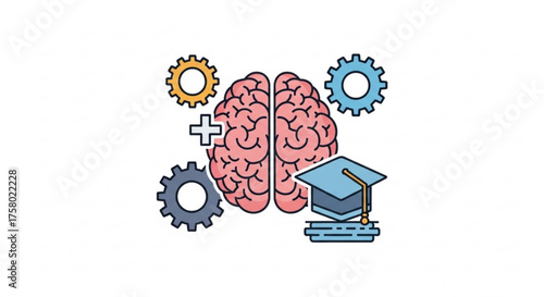 Brain with gears and graduation cap represents education