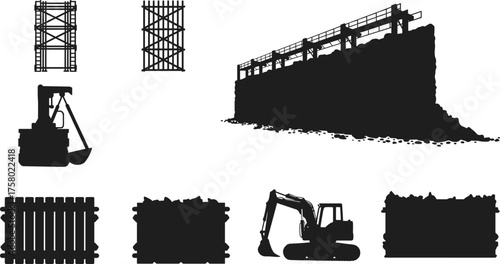Construction Site Elements Silhouette, Scaffolding, Excavators, Retaining Wall, Safety Railings, 