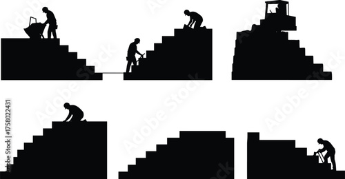 Construction silhouettes, staircase labor scenes, workers and machines on steps, black vector icons for building process, progress concept, architecture, development illustration