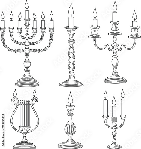 Candle holder silhouette set, candelabra vector, menorah style, ornate design, festive decor, spiritual theme, holiday illustration, black graphic