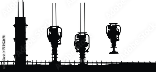  Construction site silhouette with concrete vibrators, rebar grid, reinforced column, industrial