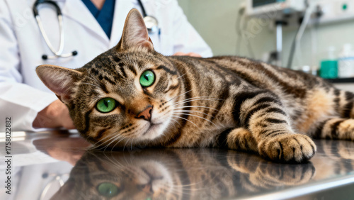 A tabby cat with green eyes lies on an examination table in a veterinary clinic, attended by a veterinarian.