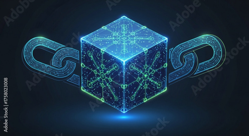 Futuristic blockchain technology concept with glowing cube and chain links