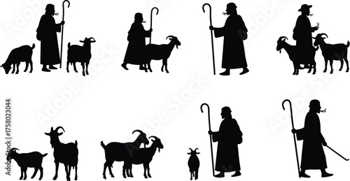 Shepherd silhouettes with goats pastoral farming scene, traditional herder animals illustration, rural countryside livestock care vector design for agriculture themes