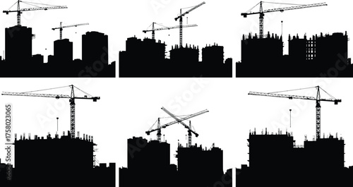 Construction site silhouette, tower crane vector, urban development illustration, high-rise building graphics, city construction icons, black skyline construction elements