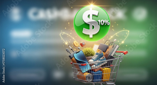 Shopping cart with cashback offer and 10 discount for online purchases