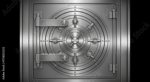 A silver bank vault door with a complex locking mechanism and robust design