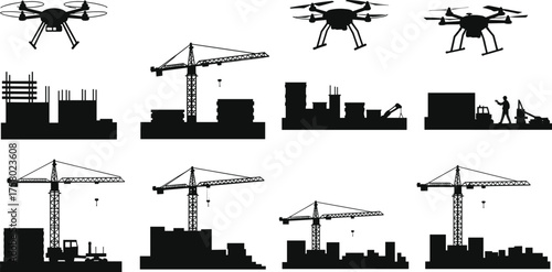  Construction site silhouettes with tower cranes, drones, forklifts, scaffolding, building materials, industrial equipment, and workers, ideal for infrastructure, technology, and engineering themes