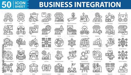 Business Integration Outline editable icon set collection. human resources, branding, supplier, product sales, sales representative, return on investment and more. illustration eps 10