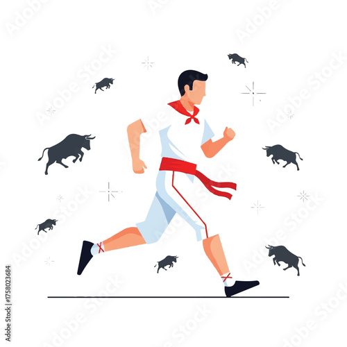 A man in traditional Spanish attire runs from bulls during the San Fermín festival, a vector illustration.
