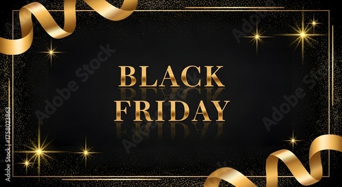 Elegant black friday sale background with golden ribbons and sparkling glitter, conveying luxury and excitement for shopping