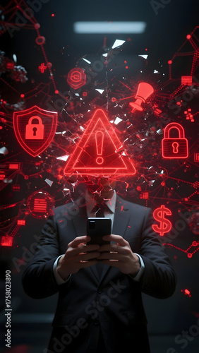 A cybersecurity data breach warning hacker smartphone alert risk malware phishing network dark red shield lock dollar encryption threat hacking cyber attack glitch notification technology finance