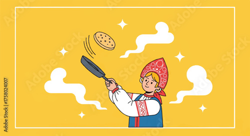 Illustration of a woman in traditional Russian folk costume flipping a pancake in a frying pan on a yellow background.