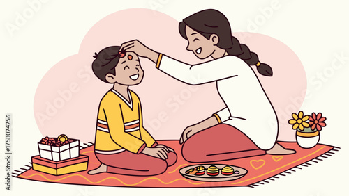 Sister lovingly applies tika to her brother's forehead during Bhai Tika festival, a cherished celebration of siblinghood, family bonds, and enduring traditions