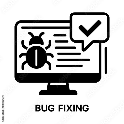 Bug fixing icon with computer screen and check mark