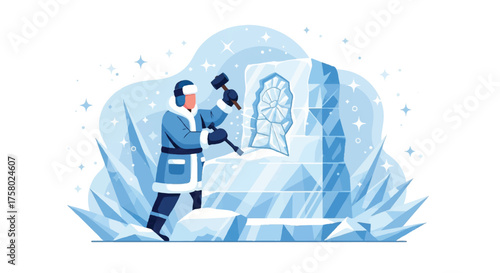An ice sculptor in a warm parka carves an intricate design into a large block of ice.