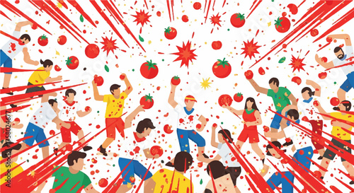 Vibrant and chaotic illustration of a large group of people participating in a massive tomato fight.