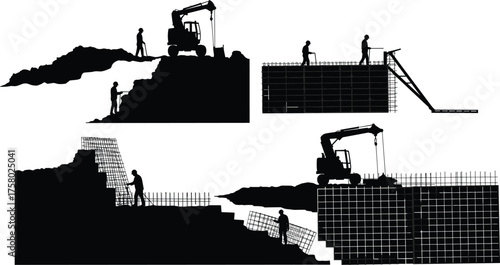  Construction site silhouettes, excavator operation, reinforcement grid installation, ladder ns