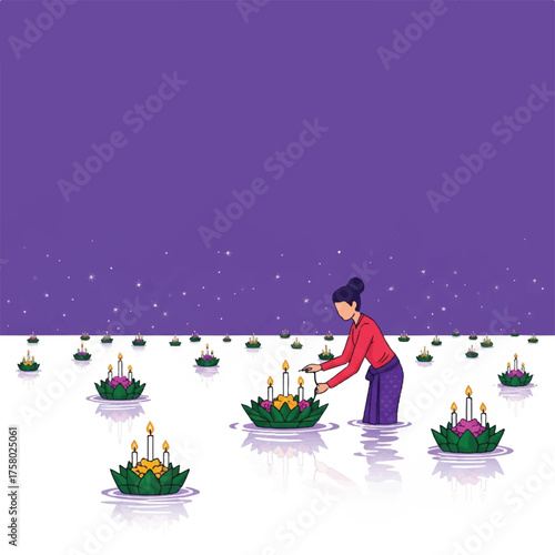 A woman in traditional clothing celebrates the Loy Krathong festival by floating a decorated krathong on the water at night.