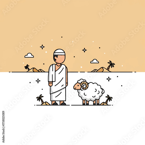 Illustration of a Muslim pilgrim in Ihram clothing with a sacrificial ram for Hajj or Eid al-Adha.