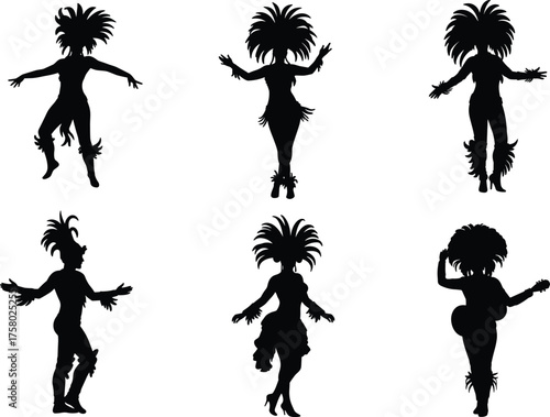 Brazilian carnival dancer silhouette, feather headdress, festive costume, musical pose, cultural celebration, black vector art, cad drawing, flat illustration, parade fashion sketch
