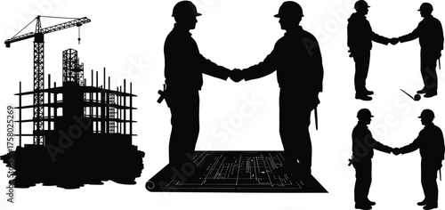  Construction site silhouettes, tower crane and scaffolding, contractors shaking hands on blueprint, teamwork in engineering, building project planning and on-site collaboration