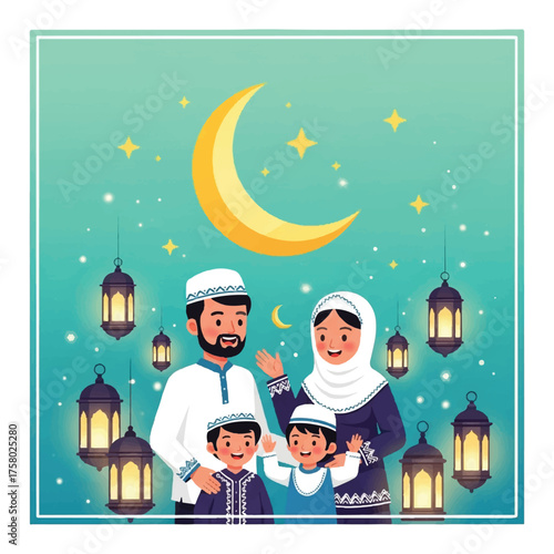 A happy Muslim family celebrating an Islamic holiday under a crescent moon with hanging lanterns.