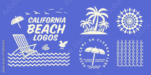 California beach logos collection featuring palm trees ocean waves and beach chairs
