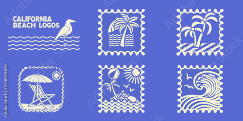 Collection of six stylized white beach and ocean themed graphic logos on a blue background