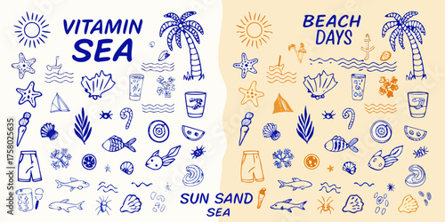 Collection of hand drawn beach and summer icons with vitamin sea and beach days text