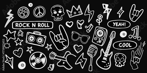 Collection of hand drawn rock and roll music icons and symbols in white on a black background