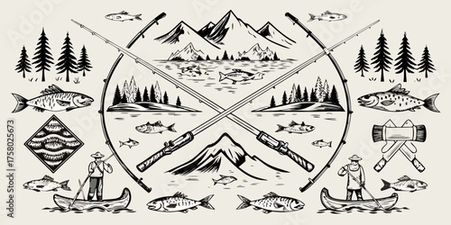 Vintage fishing scene with mountains rivers trees fish and fishermen in canoes