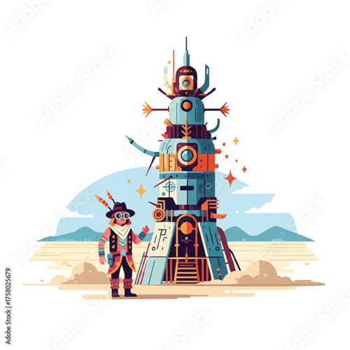 A futuristic indigenous character stands proudly next to a high-tech totem pole rocket in a desert landscape.