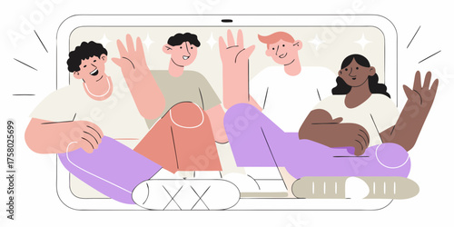 Diverse group of friends waving hello during a video call on a tablet screen
