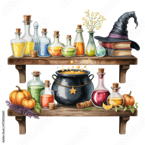 Whimsical Watercolor Potion Shelf Display and Cauldron